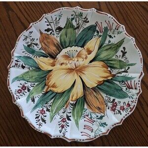 KBNY Italy Hand Painted Ceramic Plate Platter Daffodil Floral Numbered Vintage